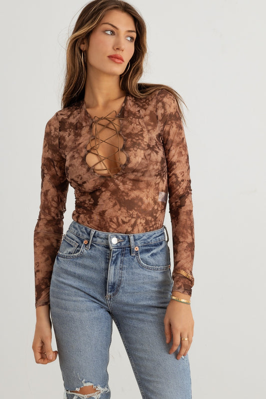 Abstract Mesh Lace-Up Long Sleeve Bodysuit