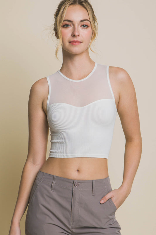 Round Neck Ribbed Cropped Mesh Tank