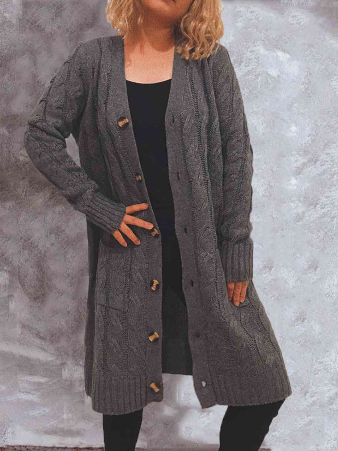 Button Up Cable-Knit Cardigan with Pockets