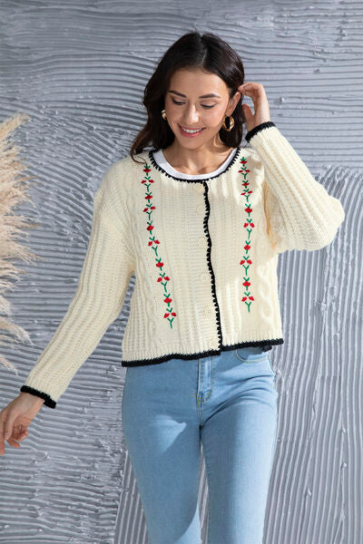 Graphic Cable-Knit Button Up Cardigan