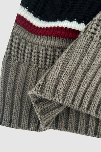 Cable-Knit Striped Quarter Zip Turtleneck Sweater