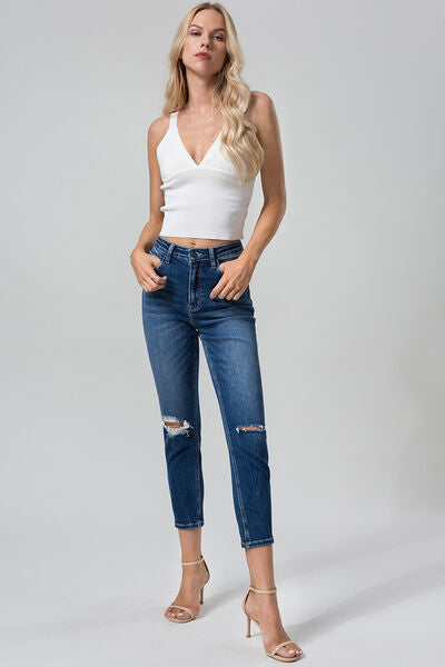 High Waist Distressed Washed Cropped Mom Jeans