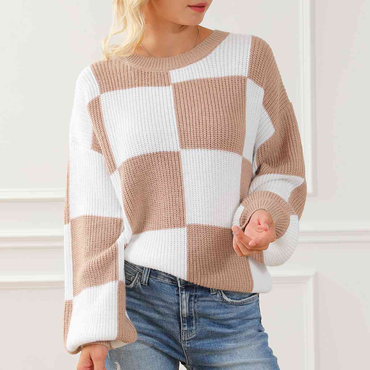 Checkered Round Neck Drop Shoulder Long Sleeve Sweater