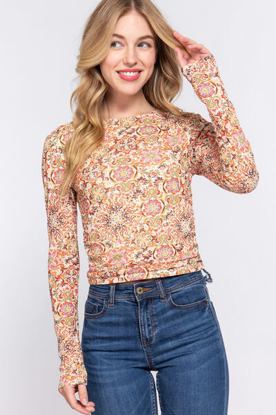 Ruched Printed Long Sleeve Top