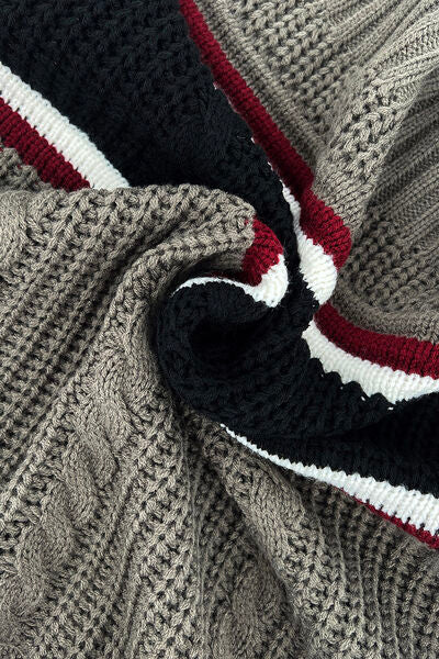 Cable-Knit Striped Quarter Zip Turtleneck Sweater