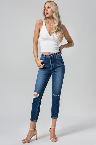 High Waist Distressed Washed Cropped Mom Jeans