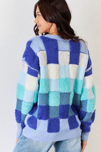 Checkered Round Neck Long Sleeve Sweater