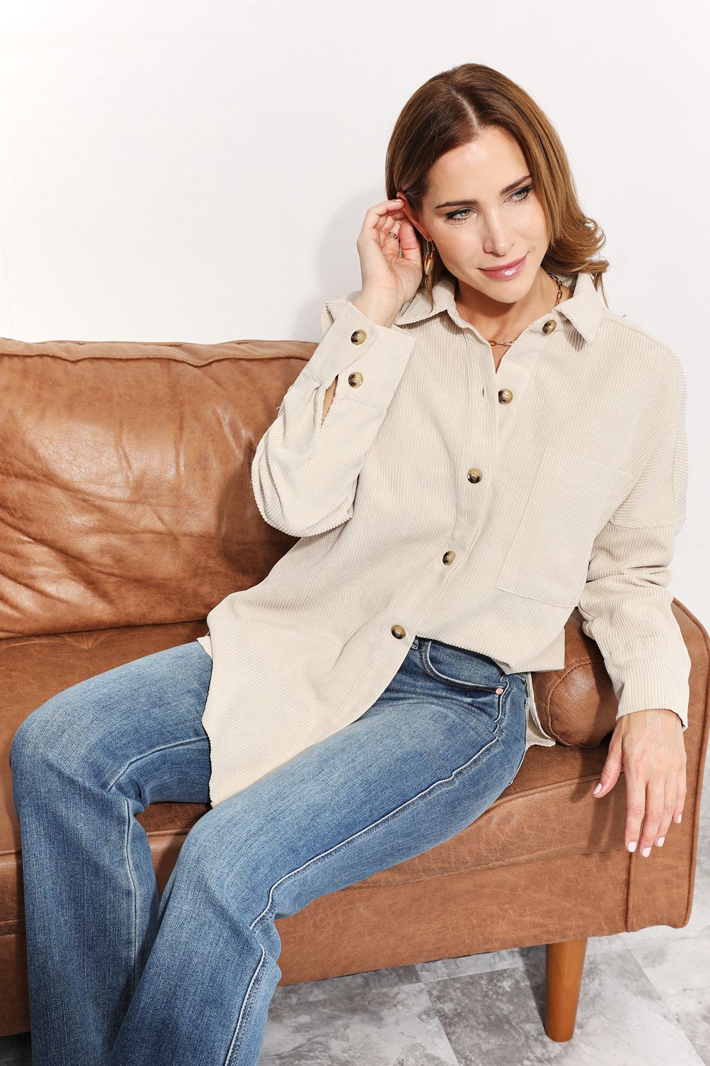 Corduroy  Button-Down Tunic Shirt with Bust Pocket