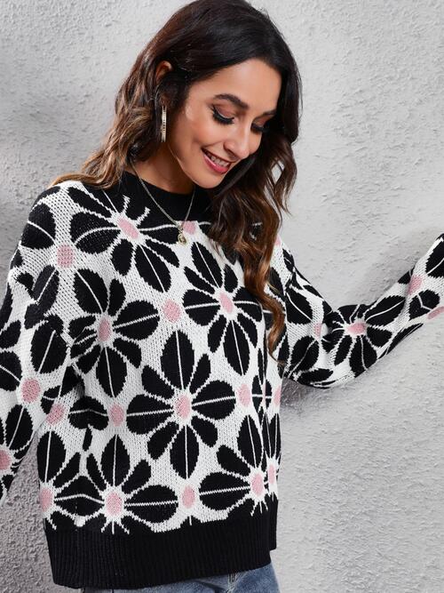 Floral Round Neck Long Sleeve Sweater