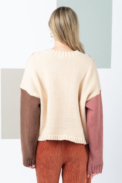 Color Block Cable Knit Long Sleeve Sweater