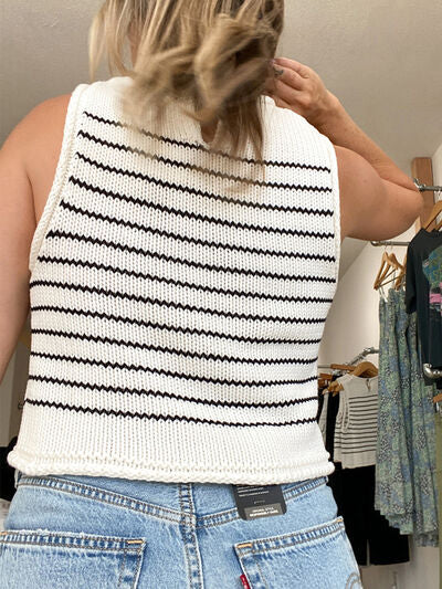 Rolled Striped Round Neck Sweater Vest