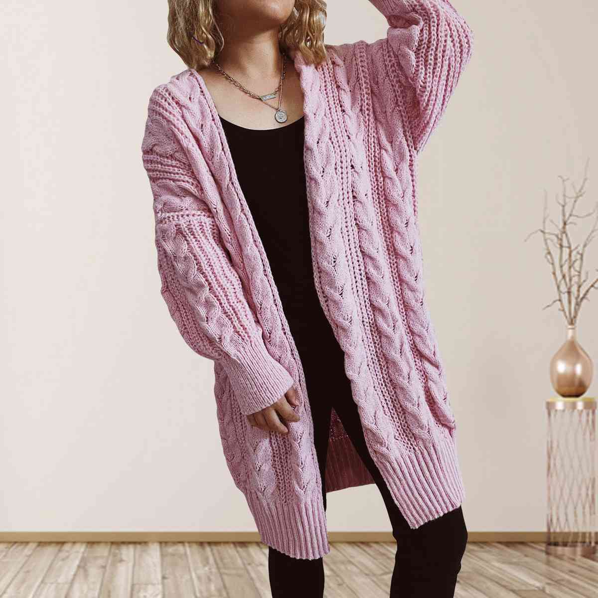 Cable-Knit Open Front Dropped Shoulder Cardigan