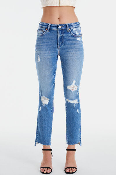 Mid Waist Distressed Ripped Straight Jeans