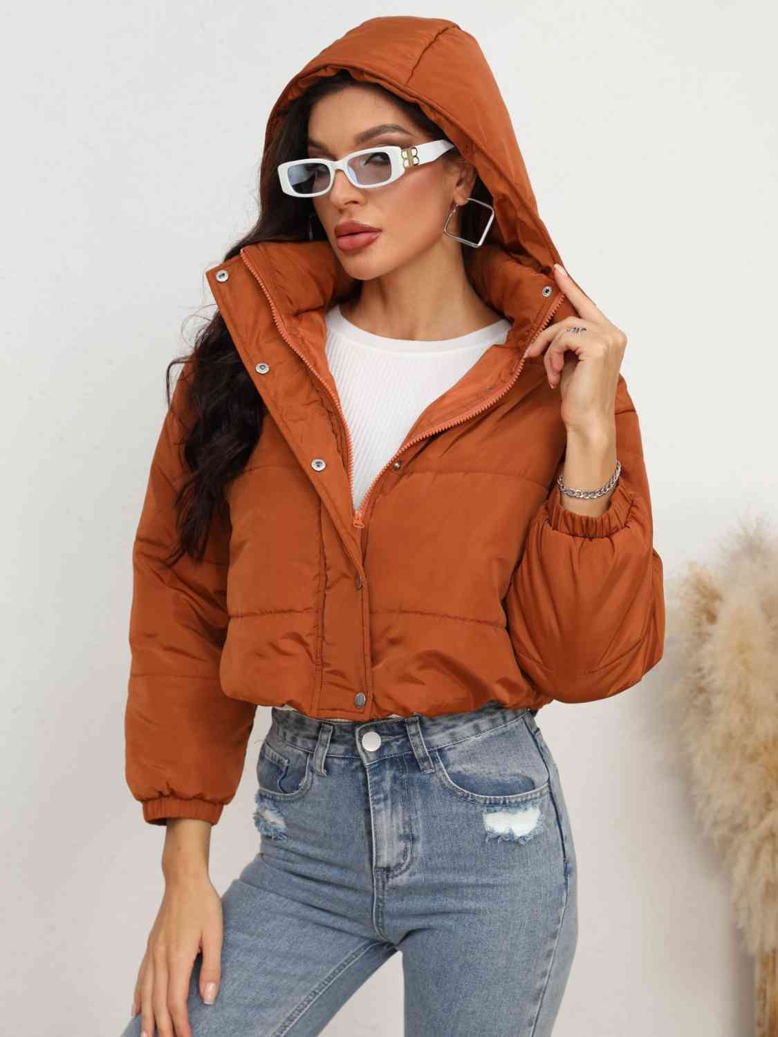 Snap and Zip Closure Hooded Puffer Jacket