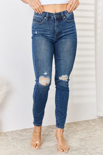 High Waist Distressed Slim Jeans
