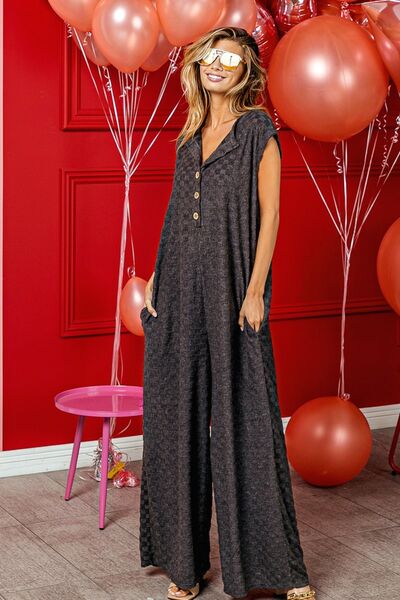 Checkered Cap Sleeve Wide Leg Jumpsuit with Pockets