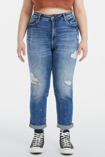 High Waist Distressed Paint Splatter Pattern Jeans