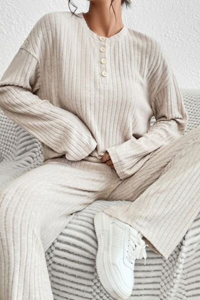 Ribbed Half Button Knit Top and Pants Set