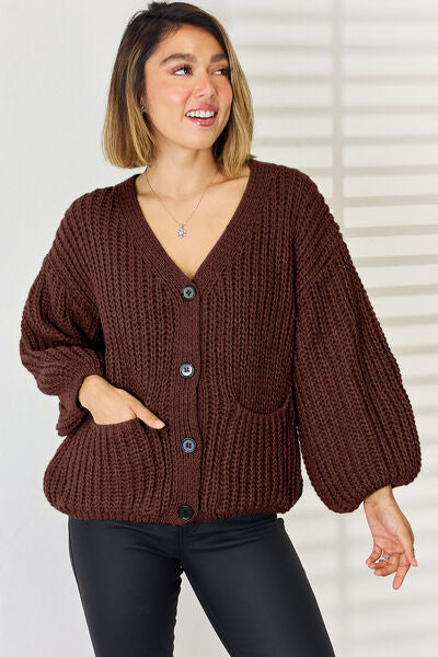 Pocketed Button Up Dropped Shoulder Cardigan