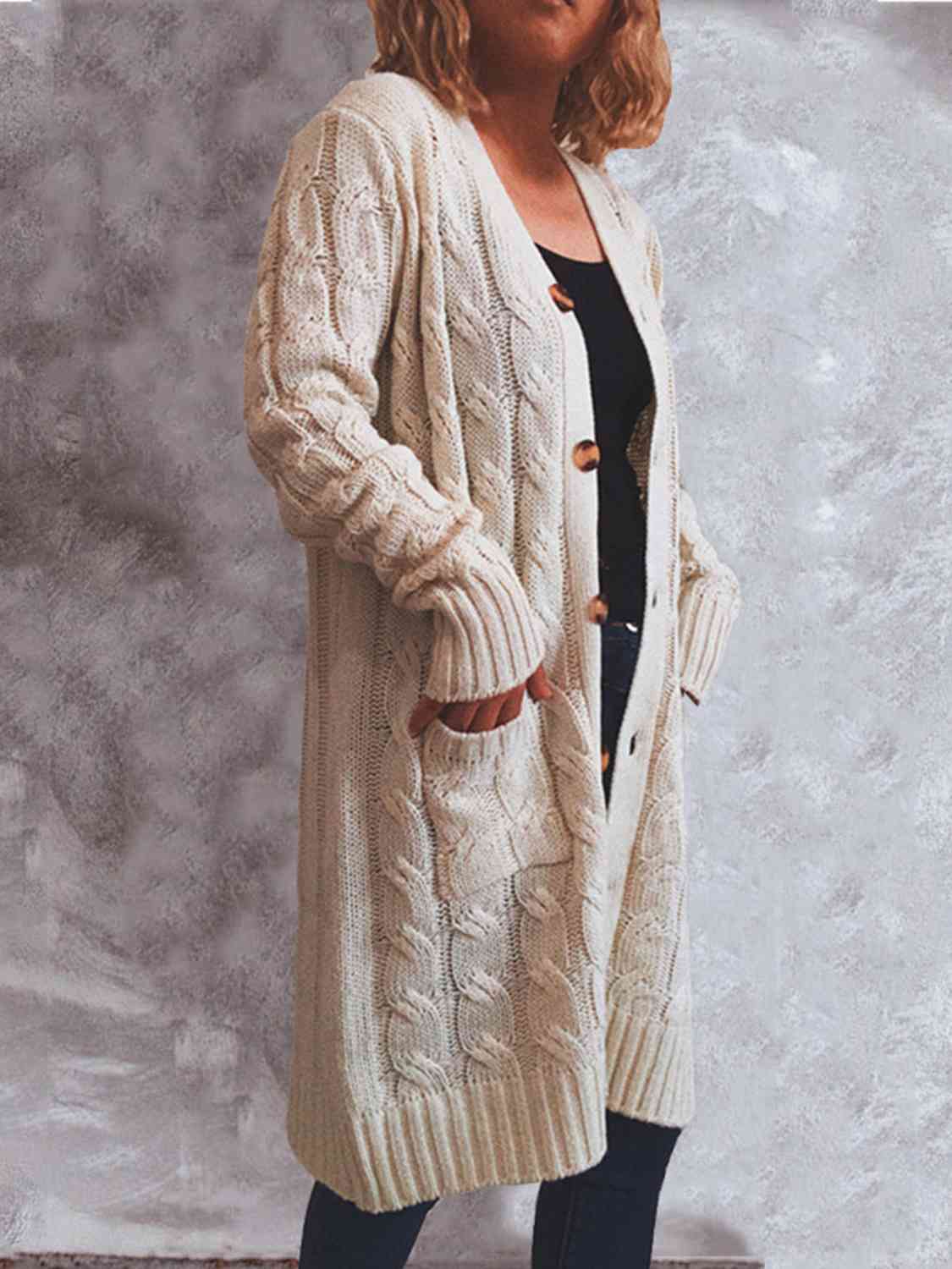 Button Up Cable-Knit Cardigan with Pockets