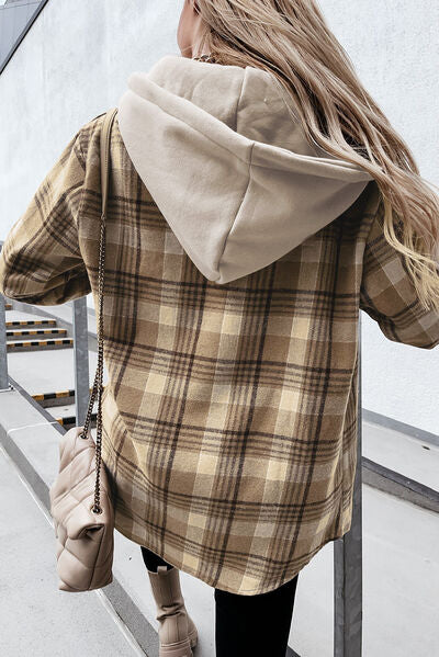Plaid Button Up Hooded Jacket with Pockets