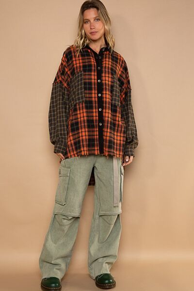 Plaid Contrast Long Sleeve Raw Hem Shacket with Chest Pockets