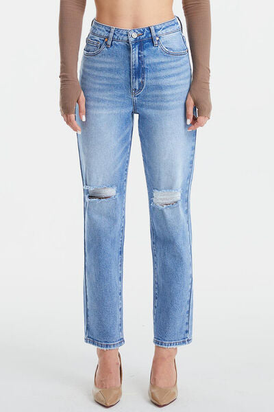 High Waist Distressed Cat's Whiskers Washed Straight Jeans