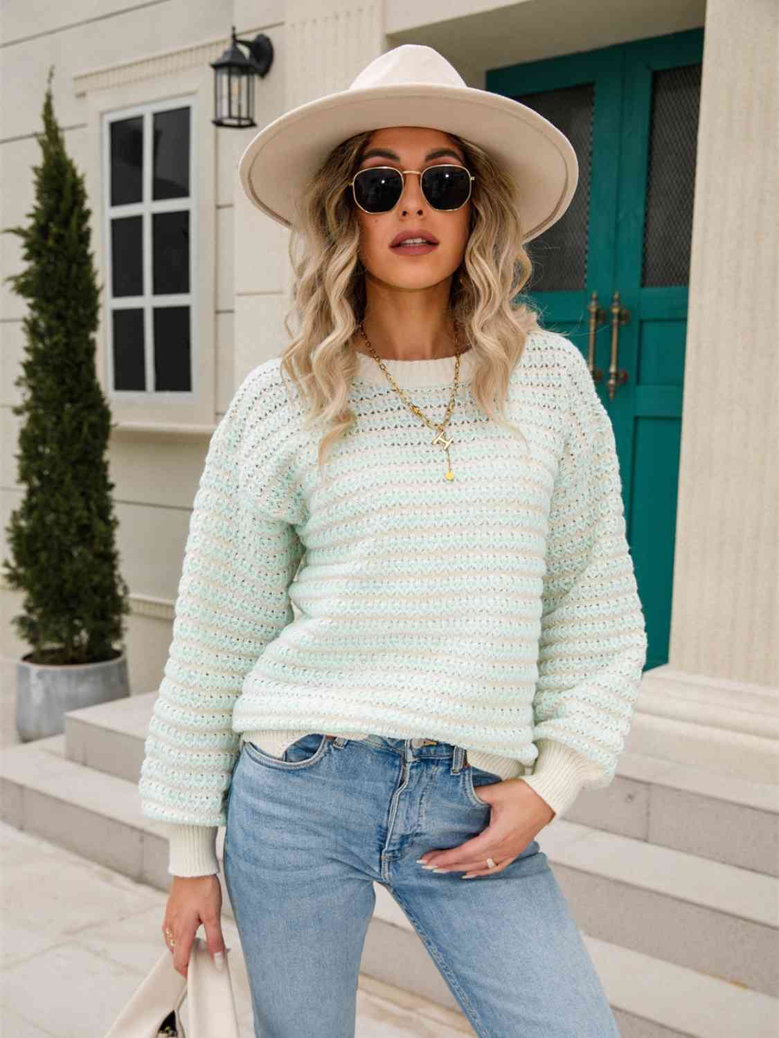 Striped Buttoned Round Neck Sweater