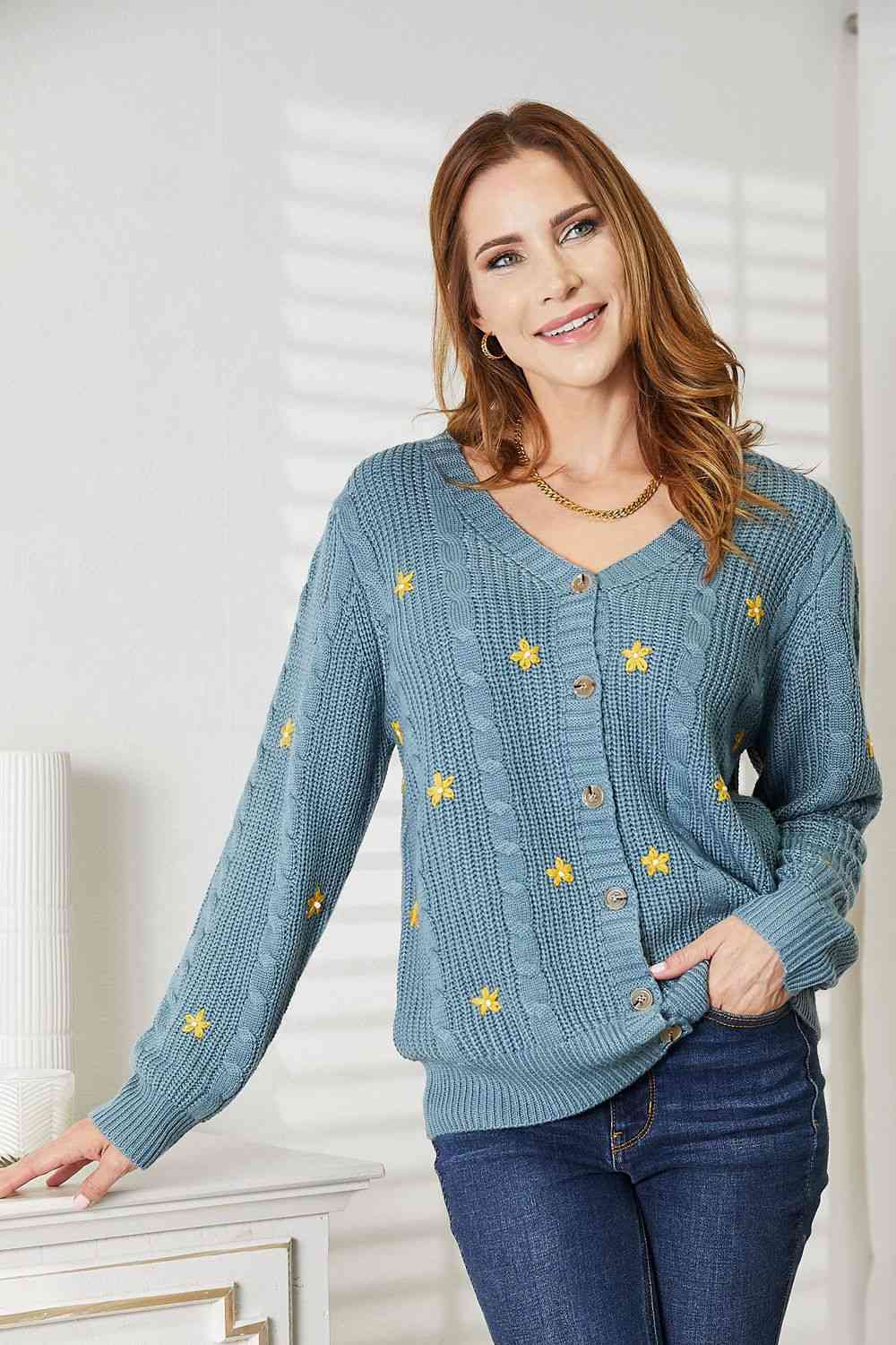 Floral Embroidered Cable Cardigan