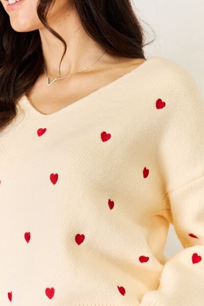 Hearts Pattern V-Neck Sweater