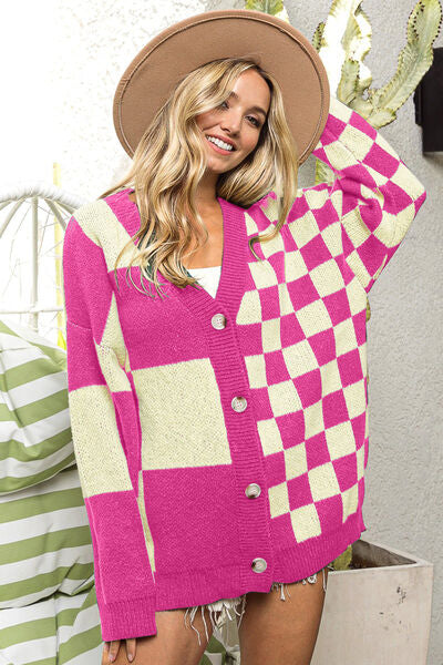 Button Up Checkered Contrast Cardigan