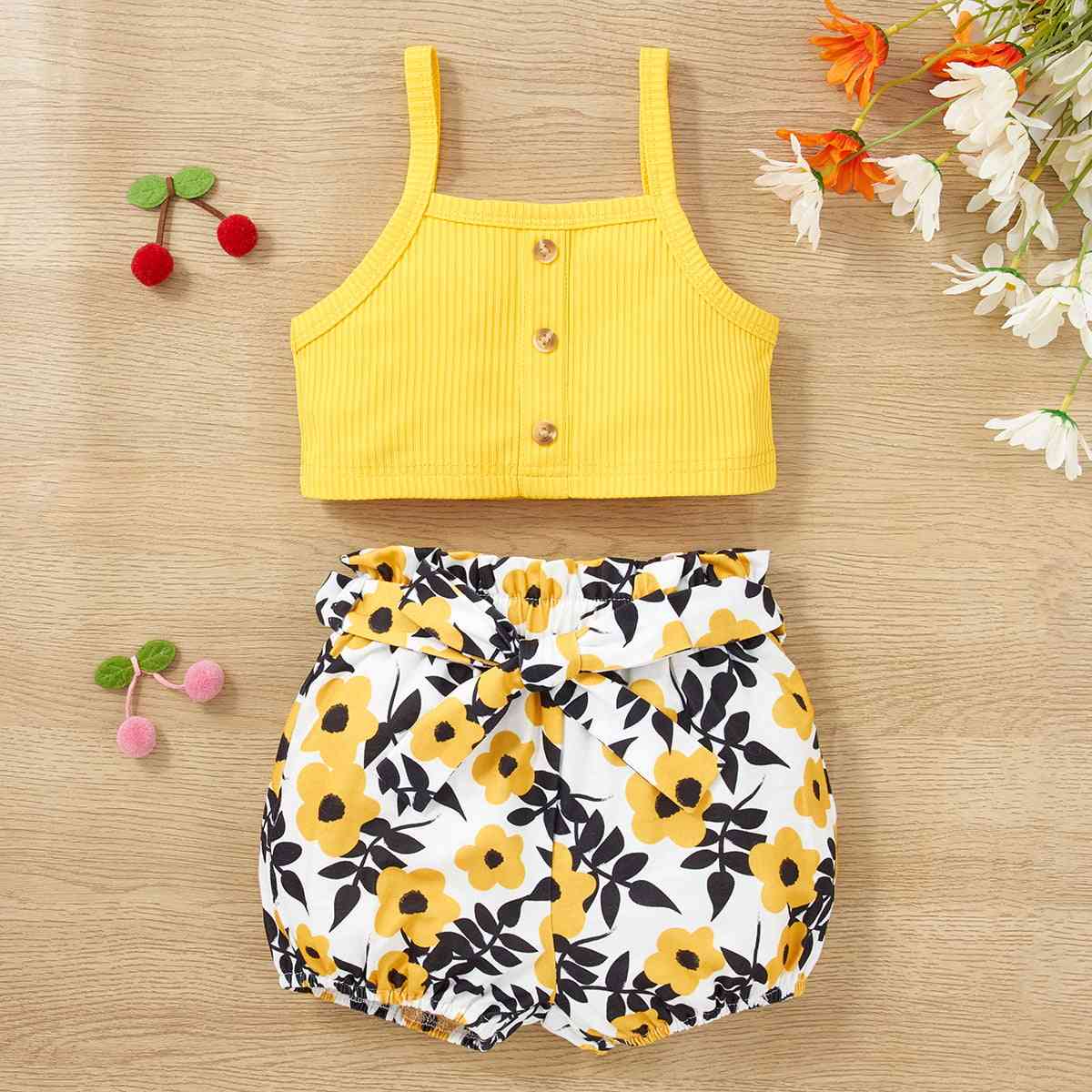 Decorative Button Tank and Floral Shorts Set